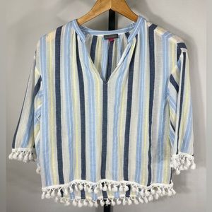 VINCE CAMUTO Pom-pom Trim Striped Blouse Poncho Top XS Light Blue White Cotton